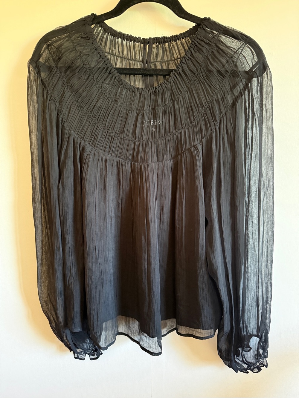 J.Crew Black Cupro Sheer Peasant Blouse XL Boho Balloon Sleeve Top